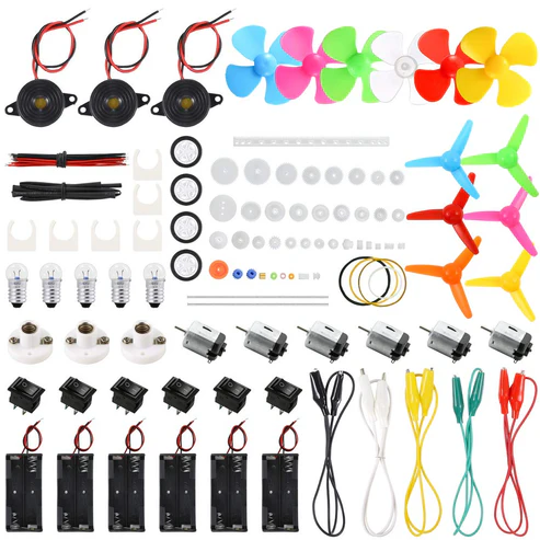 DIY 131 Items Electronic Kit with 6 Set DC Motors, Mini Electric Motor 1.5-3V 15000RPM with 66 PCS Plastic Gears, Shaft Propeller, Bulbs, Buzzer Sounder, Science Experiment Set for Kid DIY STEM Engineering Project