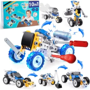 DIY 10-in-1 STEM Toys with Electric Power Motor, Erector Sets, STEM Projects, Engineering Toys, Car Mechanic Kit, Motorized Building Toys