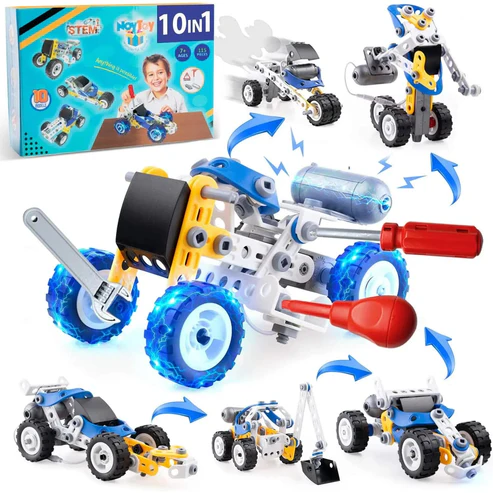 DIY 10-in-1 STEM Toys with Electric Power Motor, Erector Sets, STEM Projects, Engineering Toys, Car Mechanic Kit, Motorized Building Toys