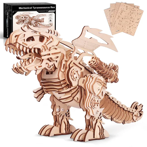 DIY T-Rex Dinosaur STEM Kit 3D Wooden Puzzles T-Rex Dinosaur Model Kit can Walk and Roar, Mechanical Dinosaur Toys for Boys Kids Ages 8-10-12-14, 3-D Puzzles Building Kit