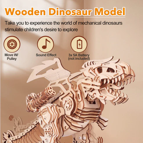 DIY T-Rex Dinosaur STEM Kit 3D Wooden Puzzles T-Rex Dinosaur Model Kit can Walk and Roar, Mechanical Dinosaur Toys for Boys Kids Ages 8-10-12-14, 3-D Puzzles Building Kit