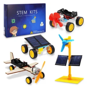 DIY 4-in-1 STEM Kit, DIY Solar Science Experiment Model Kit Solar Power Car, Electric Motor Biplane Glider, Toy Binoculars and Wind Power Car, STEM Educational Building Project for Kids Boys & Girls