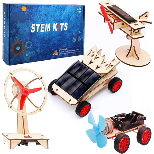 DIY Wooden 4-in-1 STEM Kit for Kids, Wooden Solar Power Motor Kit for Boys to Build, STEM Electric Projects Engineering Set for Girls, Woodworking Gift Toys