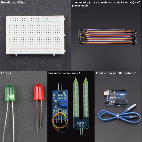 Measure the Value of Moisture in soil and show the output using 5 Led interfacing with Arduino uno