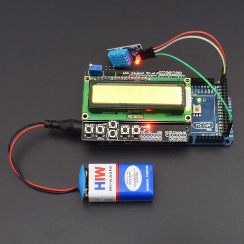 Make a temperature and humidity monitor with DHT11 Sensor & LCD shield interfacing with Arduino Mega