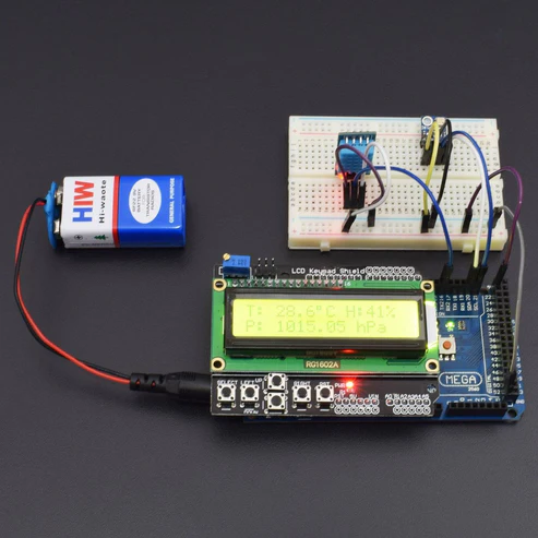Make a weather station project with BMP180 , DHT11 Sensor and 16*2 LCD Keypad shield interfacing with arduino mega